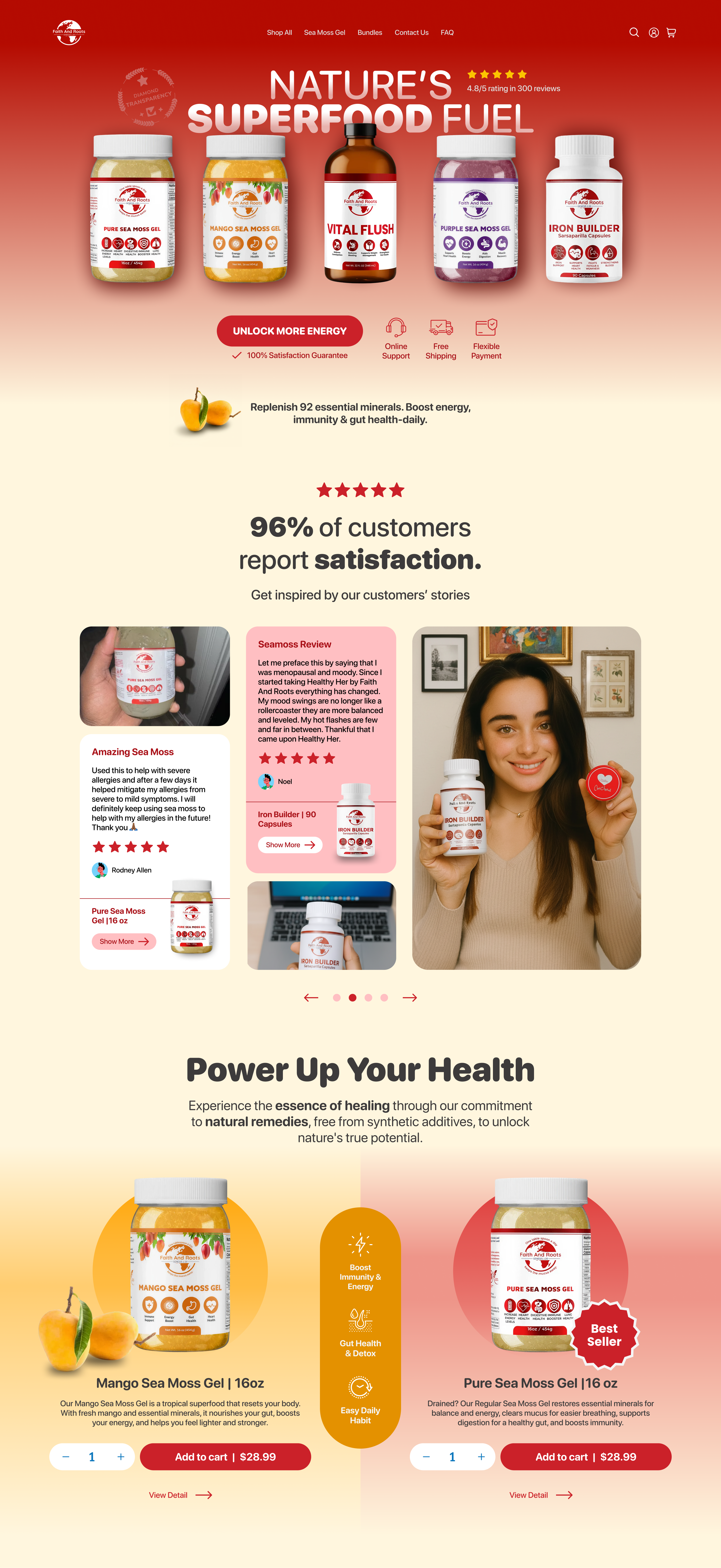 Redesigned e-commerce hero — bold red 'Food Fuel' layout with rating, products and trust signals
